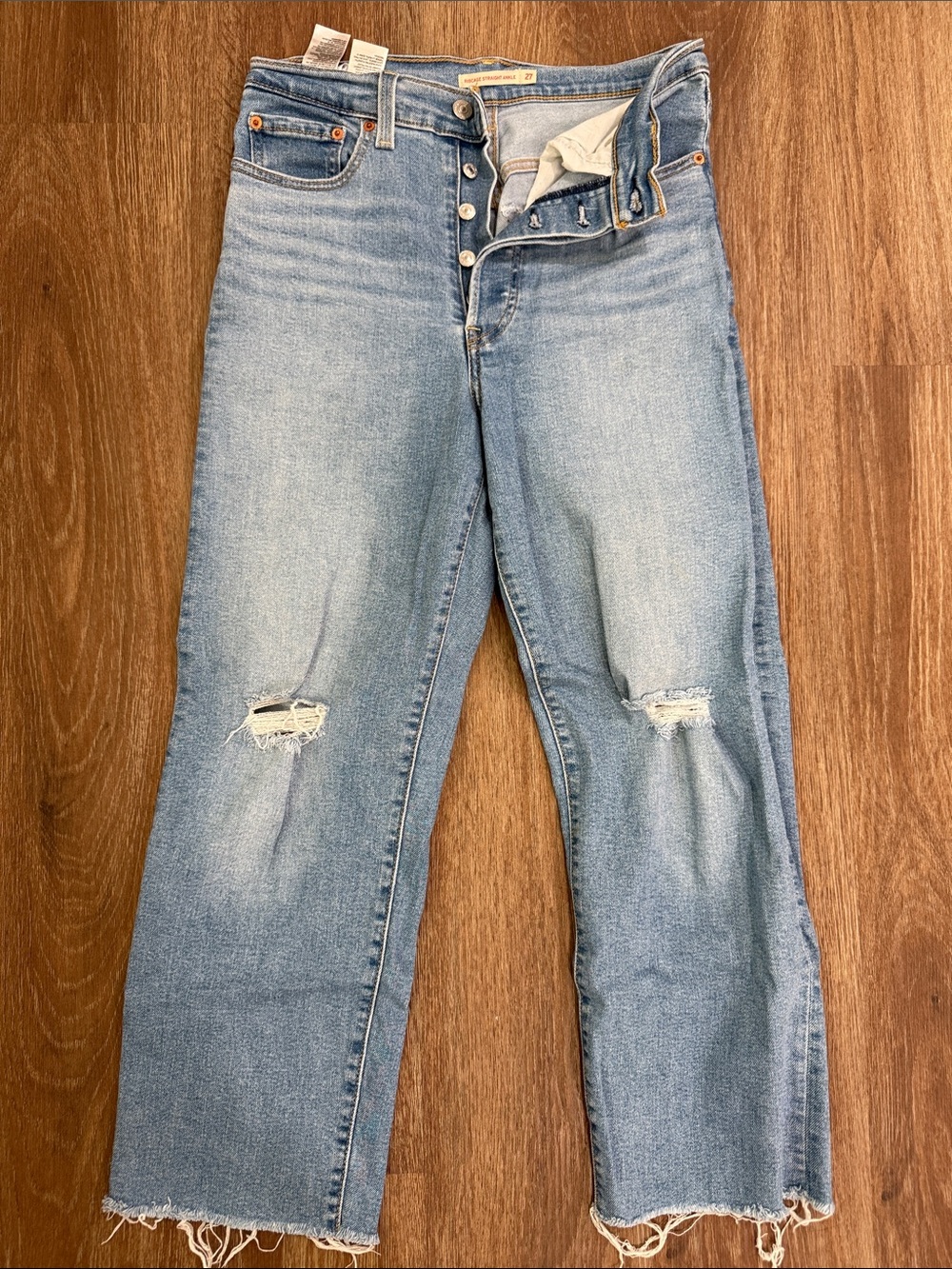 Light Blue Distressed Straight Leg Jeans
